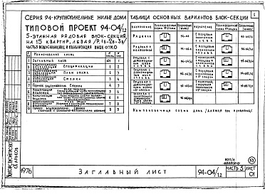 Состав альбома. Типовой проект 94-04/1.2Альбом 6 Часть 1 Архитектурно-строительные чертежи выше отм.0.000.  Часть 2 Отопление и вентиляция Раздел 2-1 С радиаторами и конвекторами. Часть 3 Водоснабжение и канализация выше отм.0.000. Часть 4 Газоснабжение. Часть 5 Электрооборудование. Ч