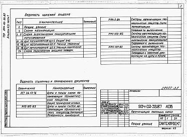 Состав альбома. Типовой проект 904-02-33.87Альбом 19 Часть 1 Приточная вентиляционная камера рециркуляционная с воздухонагревателем, одним клапаном рециркуляционного воздуха и секцией орошения. Электрическая система регулирования.  