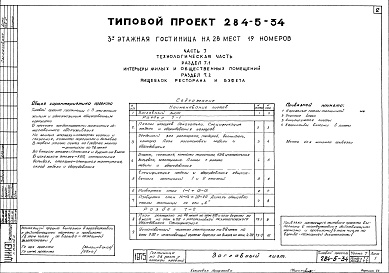 Состав альбома. Типовой проект 284-5-34Часть 7 Технологическая часть Раздел 7.1 Интерьеры жилых и общественных помещений.Раздел 7.2 Пищеблок ресторана и буфета.