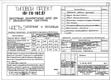 Состав альбома. Типовой проект 181-26-102.87Альбом 1 Части 0, 1, 2, 3, 4, 5, 6 Общая часть. Архитектурно-строительные решения. Отопление и вентиляция. Внутренний водопровод и канализация. Газоснабжение. Электрооборудование. Связь и сигнализация