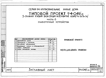 Состав альбома. Типовой проект 94-049/1.2Альбом 5 Часть 1 Архитектурно-строительная часть выше отм.0.000. Часть 2 Отопление и вентиляция Раздел 2-1 С радиаторами и конвекторами. Часть 3 Водоснабжение и канализация выше отм.0.000. Часть 4 Газоснабжение. Часть 5 Электрооборудование. Часть 6 Слабот