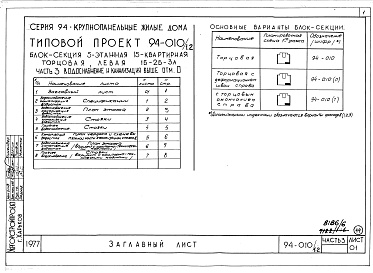 Состав альбома. Типовой проект 94-010/1.2Альбом 8 Часть 1 Архитектурно-строительные чертежи выше отм.0.000. Часть 2 Отопление и вентиляция Раздел 2-1 С радиаторами и конвекторами. Часть 3 Водоснабжение и канализация выше отм.0.000. Часть 4 Газоснабжение. Часть 5 Электрооборудование. Часть 6 Слаб