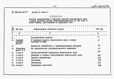 Состав альбома. Типовой проект 409-22-26.87Альбом 10  Известковый цех. Сметы  Часть 1
