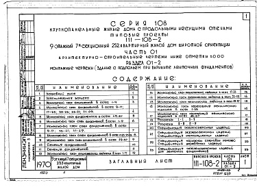 Состав альбома. Типовой проект 111-108-2Часть 01 Архитектурно-строительные чертежи ниже 0.00