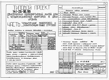 Состав альбома. Типовой проект 141-26-96.86Альбом 1 Части 0, 1, 2, 3, 4, 5, 6 Общая часть. Архитектурно-строительные решения. Отопление и вентиляция. Внутренний водопровод и канализация. Газоснабжение. Электрооборудование. Связь и сигнализация