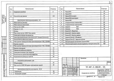 Состав альбома. Типовой проект 407-3-682.09Альбом 1 Пояснительная записка. Архитектурно-строительные решения. Отопление и вентиляция. Архитектурно-строительные изделия