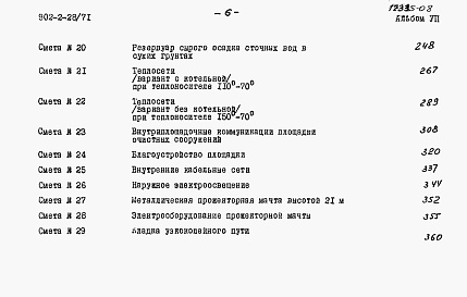 Состав альбома. Типовой проект 902-2-28Альбом 7 Сметы на здание решеток, песколовки, осветлители-перегниватели, контактные резервуары, лотки и камеры. Изменения и дополнения к смете на вторичные отстойники