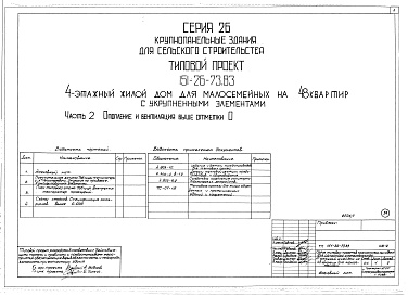 Состав альбома. Типовой проект 151-26-73.83Альбом 1 Части 0, 01, 02, 03, 1, 2, 3, 4, 5, 6 Общая часть. Архитектурно-строительные чертежи ниже отм. 0,000. Отопление и вентиляция ниже отм. 0,000. Водопровод и канализация ниже отм. 0,000. Архитектурно-строительные чертежи выше отм. 0,000. Отопление и