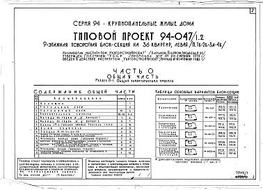 Состав альбома. Типовой проект 94-047/1.2Альбом 1 Часть 0 Общая часть Раздел 0-1 Общая характеристика проекта