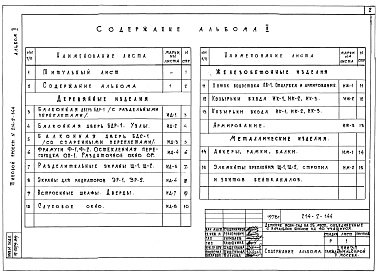 Состав альбома. Типовой проект 214-2-144Альбом 2 Изделия заводского изготовления 