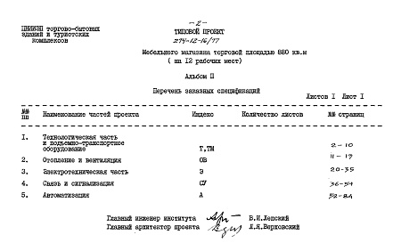 Состав альбома. Типовой проект 274-12-16/77Альбом 2 Заказные спецификации