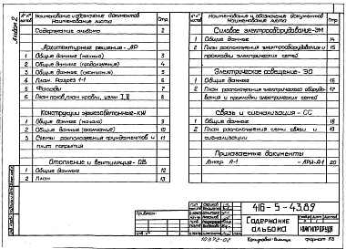 Состав альбома. Типовой проект 416-5-43.89Альбом 2 Архитектурные решения. Конструкции железобетонные. Отопление и вентиляция. Силовое электрооборудование. Электрическое освещение. Связь и сигнализация