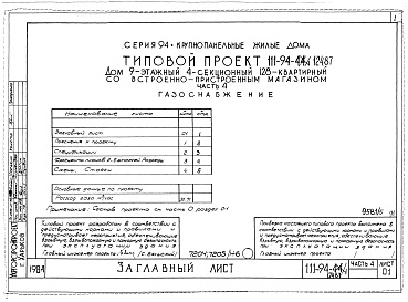 Состав альбома. Типовой проект 111-94-124.87Альбом 5 Архитектурн6о-строительные чертежи выше отм.2.800. Часть 2 Отопление и вентиляция выше отм.2.800 Раздел 2-1 С радиаторами и конвекторами. Часть 3 Водопровод и канализация выше отм.2.800. Часть 4 Газоснабжение. Часть 5 Электрооборудование выше отм