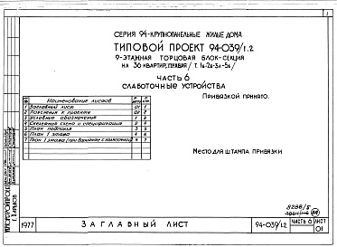 Состав альбома. Типовой проект 94-039/1.2Альбом 5 Часть 1 Архитектурно-строительные чертежи выше отм.0.000. Часть 2 Отопление и вентиляция Раздел 2-1 С радиаторами и конвекторами. Часть 3 Водопровод и канализация. Часть 4 Газопровод Часть 5 Электрооборудование. Часть 6 Слаботочные устройства