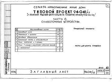 Состав альбома. Типовой проект 94-041/1.2Альбом 6 Часть 1 Архитектурно-строительные чертежти выше отм.0.000. Часть 2 Отопление и вентиляция Раздел 2-1 С конвекторами и радиаторами. Часть 3 Водоснабжение и канализация выше отм.0.000. Часть 4 Газоснабжение. Часть 5 Электрооборудование. Часть 6 Сла