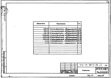 Состав альбома. Типовой проект 274-31-88м.85Альбом 6 Спецификация оборудования