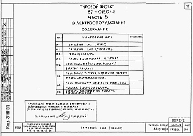 Состав альбома. Типовой проект 87-0120/1.2Части 1.85, 2, 3, 4, 5, 6  Архитектурно-строительные чертежи, отопление и вентиляция, водоснабжение и канализация, газоснабжение, электрооборудование, устройства связи на отм. выше 0.000