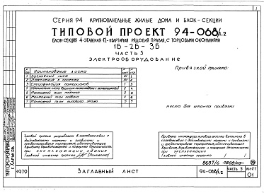 Состав альбома. Типовой проект 94-068/1.2Альбом 7 Часть 1 Архитектурно-строительные чертежи выше отм.0.000. Часть 2 Отопление и вентиляция Раздел 2-1 С радиаторами и конвекторами. Часть 3 Водоснабжение, канализация и газопровод. Часть 5 Электрооборудование. Часть 6 Слаботочные устройства
