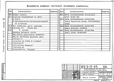 Состав альбома. Типовой проект 212-3-17Альбом 12 Задание заводу на изготовление щитов к вспомогательным помещениям в подвале