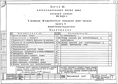 Состав альбома. Типовой проект 81-06/1.2Альбом 7 Электрооборудование. Часть 5 