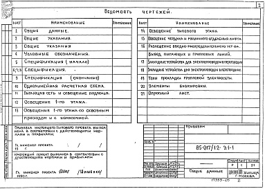 Состав альбома. Типовой проект 85-017/1.2Альбом 6 Электроооборудование ниже и выше отметки 0.000. Без электроплит Э.1-1 