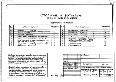 Состав альбома. Типовой проект 94-0118.84Альбом 3 Архитектурно-строительные решения выше отм.0.000. Отопление и вентиляция ниже и выше отм.0.000. Внутренние водопровод, канализация и газопровод ниже и выше отм.0.000. Электрооборудование ниже и выше отм. 0.000.  Устройства связи и сигна