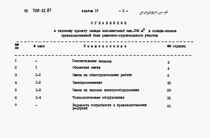 Состав альбома. Типовой проект 708-32.87Альбом 4 Сметы. Ведомости потребности в материалах.     