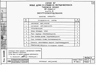 Состав альбома. Типовой проект 87-089/1.2Альбом 6 Часть 1.85, 2, 3, 4, 5, 6 Архитектурно-строительные чертежи, отопление и вентиляция, водоснабжение и канализация, газоснабжение, электрооборудование, устройства связи выше отм.0.000