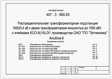 Состав альбома. Типовой проект 407-3-660.03Альбом 6 Спецификация оборудования, спецификация материалов, изделий и конструкций   