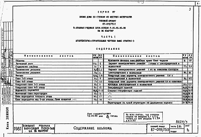 Состав альбома. Типовой проект 87-019/75.2Альбом 3 Части 1.85, 2,3,4,5,6 Архитектурно-строительные чертежи, отопление и вентиляция, водоснабжение и канализация, газоснабжение, электрооборудование, устройства связи выше отм.0.000