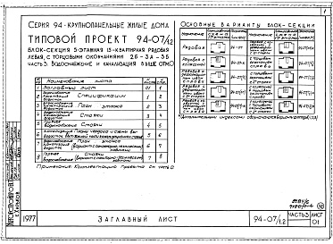 Состав альбома. Типовой проект 94-07/1.2Альбом 8 Часть 1 Архитектурно-строительные чертежи выше отм.0.000. Часть 2 Отопление и вентиляция Раздел 2-1 С радиаторами и конвекторами. Часть 3 Водоснабжение и канализация выше отм.0.000. Часть 4 Газоснабжение. Часть 5 Электроборудрвание, Часть 6 Слабо