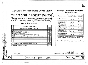 Состав альбома. Типовой проект 94-051/1.2Альбом 5 Часть 1 Архитектурно-строительные чертажи выше отм.0.000. Часть 2 Отопление и вентиляция Раздел 2-1 С радиаторами и конвекторами. Часть 3 Водопровод и канализация. Часть 4 Газоснабжение. Часть 5 Электрооборудование. Часть 6 Слаботочные устройств