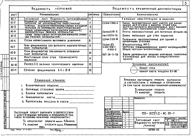 Состав альбома. Типовой проект 135-027/1.2 Альбом 2 Архитектурно-строительные чертежи ниже отметки 0.000. Здание с ленточными фундаментами (АС.01-1)