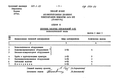Состав альбома. Типовой проект 407-1-80Альбом 3 Заказные спецификации