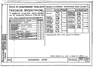 Состав альбома. Типовой проект 94-041/1.2Альбом 6 Часть 1 Архитектурно-строительные чертежти выше отм.0.000. Часть 2 Отопление и вентиляция Раздел 2-1 С конвекторами и радиаторами. Часть 3 Водоснабжение и канализация выше отм.0.000. Часть 4 Газоснабжение. Часть 5 Электрооборудование. Часть 6 Сла