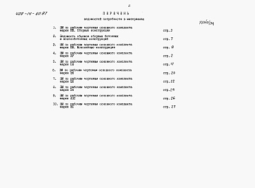 Состав альбома. Типовой проект 409-14-60.87Альбом 7 Ведомости потребности в материалах. Производственная часть. Часть 1 