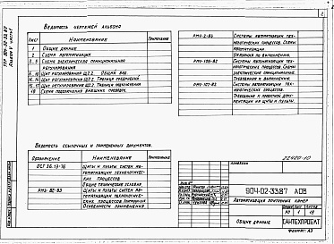 Состав альбома. Типовой проект 904-02-33.87Альбом 5 Часть 1 Приточная вентиляционная камера прямоточная с одной секцией воздухонагревателя и секцией орошения. Регулирование температуры приточного воздуха с ограничением расхода тепла на вентиляцию. Электрическая система регулирования.  