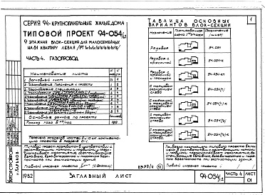 Состав альбома. Типовой проект 94-054/1.2Альбом 4 Часть 1 Арохитектурно-строительные чертежи выше отм.0.000. Часть 2 Отопление и вентиляция Раздел 2-1 С радиатолрами и конвекторами. Часть 3 Водопровод и канализация. Часть 4 Газопровод. Часть 5 Электрооборудование. Часть 6 Слаботочные устройства 
