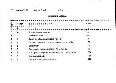 Состав альбома. Типовой проект 416-7-0317.90Альбом 8 Сметы. Часть 1