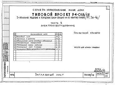 Состав альбома. Типовой проект 94-018/1.2Часть 1 Архитектурно-строительные чертежи выше отм.0.000. Часть 2 Отопление и вентиляция Раздел 2-1 С радиаторами и конвекторами. Часть 3 Водоснабжение и канализация выше отм.0.000. Часть 4 Газоснабжение. Часть 5 Электрооборудование. Часть 6 Сла