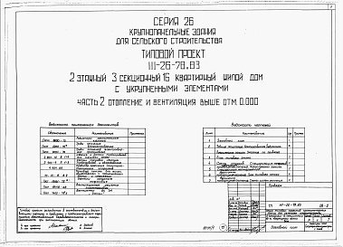 Состав альбома. Типовой проект 111-26-78.83Альбом 1 Части 0, 01, 02, 03, 1, 2, 3, 4, 5, 6 Общая часть. Архитектурно-строительные чертежи ниже отм. 0,000. Отопление и вентиляция ниже отм. 0,000. Водопровод и канализация ниже отм. 0,000. Архитектурно-строительные чертежи выше отм. 0,000. Отопление и