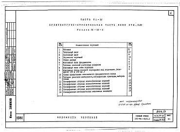 Состав альбома. Типовой проект 151-96-40/1.2Альбом 3 Часть 01-12 Архитектурно-строительные чертежи ниже отм.0.000. Часть 02-12 Отопление и вентиляция ниже отм.0.000. Часть 03-12 Водоснабжение и канализация ниже отм.0.000