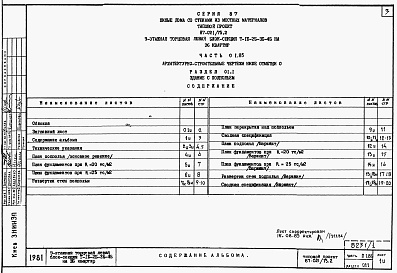 Состав альбома. Типовой проект 87-021/75.2Альбом 1 Части 01.85, 02, 03 Чертежи архитектурно-строительные, отопление и вентиляция, водоснабжение и канализация ниже отм. 0.000