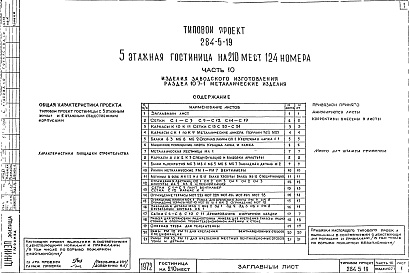 Состав альбома. Типовой проект 284-5-19Часть 10 Изделия заводского изготовления Раздел 1-.6-1 Деревянные изделия, Раздел 10.7-1 Металлические изделия, Раздел 10.7-2 Витражи