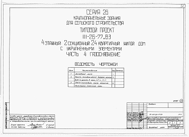 Состав альбома. Типовой проект 111-26-77.83Альбом 1 Части 0, 01, 02, 03, 1, 2, 3, 4, 5, 6 Общая часть. Архитектурно-строительные чертежи ниже отм. 0,000. Отопление и вентиляция ниже отм. 0,000. Водопровод и канализация ниже отм. 0,000. Архитектурно-строительные чертежи выше отм. 0,000. Отопление и