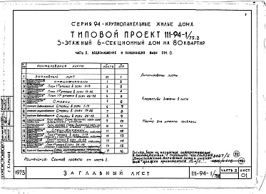Состав альбома. Типовой проект 111-94-1/75.2Альбом 5 Часть 1 Архитектурно-строительные чертежи выше отм.0.000. Часть 2 Отопление и вентиляция выше отм.0.000 Раздел 2-1 С радиаторами и конвекторами. Часть 3 Водоснабжение и канализация. Часть 4 Газопровод. Часть 5 Электрооборудование. Часть 6 Слабото