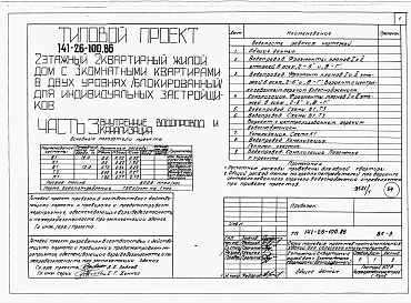 Состав альбома. Типовой проект 141-26-100.86Альбом 1 Части 0, 1, 2, 3, 5, 6 Общая часть. Архитектурно-строительные решения. Отопление и вентиляция. Внутренний водопровод и канализация. Электрооборудование. Связь и сигнализация