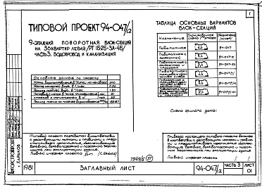 Состав альбома. Типовой проект 94-047/1.2Альбом 5 Часть 1 Архитектурно-строительные чертежи выше отм.0.000. Часть 2 Отопление и вентиляция Раздел 2-1 С радиаторами и конвекторами. Часть 3 Водопровод и канализация. Часть 4 Газопровод Часть 5 Электрооборудование. Часть 6 Слаботочные устройства