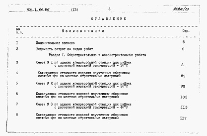Состав альбома. Типовой проект 904-1-66.86Альбом 13 Сметы и ведомости потребности в материалах на строительные решения для 4 компрессоров