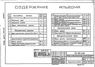 Состав альбома. Типовой проект 704-4-24Альбом 1 Технологическая часть.Архитектурно-строительная часть, санитарно-техническая часть, электротехническая часть.
